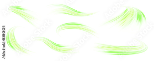 Twisting green and yellow neon streaks flow diagonally on a transparent PNG. Vector curved lines create glowing motion trails. Bright luminous lines and sparkling particles show dynamic speed.