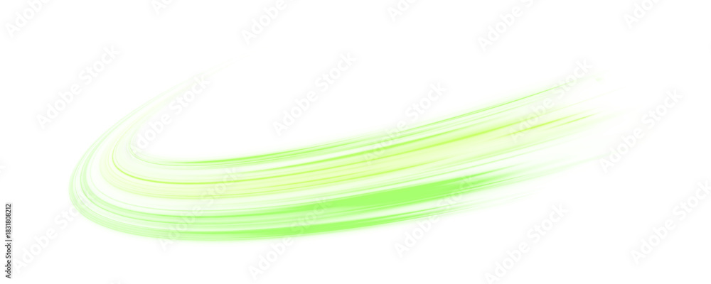 Naklejka premium Twisting green and yellow neon streaks flow diagonally on a transparent PNG. Vector curved lines create glowing motion trails. Bright luminous lines and sparkling particles show dynamic speed.