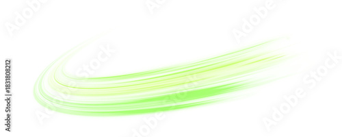 Twisting green and yellow neon streaks flow diagonally on a transparent PNG. Vector curved lines create glowing motion trails. Bright luminous lines and sparkling particles show dynamic speed.