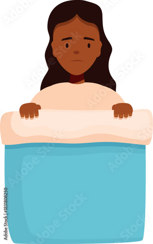 Young girl hiding behind blanket, experiencing fear, loneliness, and sadness, seeking comfort and security