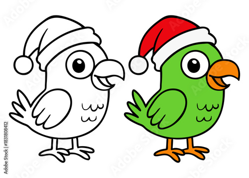 Dibujo sencillo con líneas de loro simpático con sombrero de Santa Claus para tarjetas y felicitaciones de Navidad