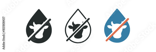 dairy free symbol icons three icons with milk drop and tiny cow head silhouette crossed one flat solid monochrome one thin black outline black and white one full color flat icon blue and