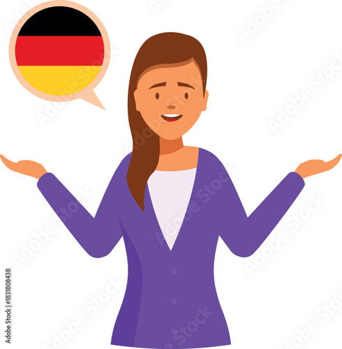 Smiling businesswoman gesturing with hands and speaking german, german flag in speech bubble