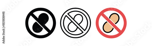 nut free symbol icons three icons with peanut shape crossed by circle one flat solid monochrome one thin black outline black and white one full color flat icon with beige nut and red