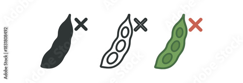 soy free bean icons three icons with bean pod and small cross sign one flat solid monochrome one thin black outline black and white one full color flat icon green with