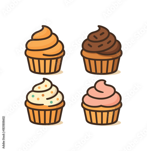 Flat vector illustration 4 cupcakes with frosting variations rounded shapes clean outline