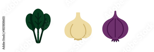 minimal icons spinach bunch colored dark green garlic colored cream onion colored purple