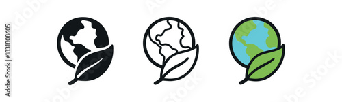 eco friendly earth icons three icons with small planet and hugging leaf one flat solid monochrome one thin black outline black and white one full color flat icon blue and green