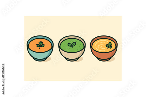 Flat vector illustration bowls of soup with small garnish rounded shapes clean outline