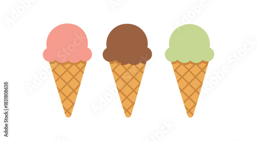 Flat vector illustration ice cream cones rounded scoops minimal dessert detail