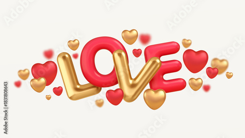 Love Hearts Surround Balloons In A Romantic Celebration With Gold Red Pink. Cheerful Romance And Festive Mood Bring Happiness And Color To This Design. Vector Illustration Background