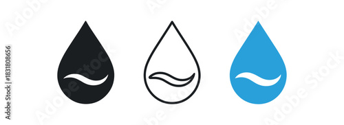 water based drop icons three icons with large water drop and subtle wave inside one flat solid monochrome one thin black outline black and white one full color flat icon clean blue
