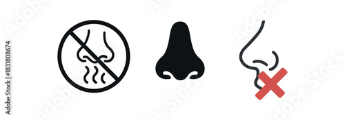 fragrance free nose icons three icons with tiny nose outline and wavy aroma lines crossed one flat solid monochrome one thin black outline black and white one full color flat icon with soft