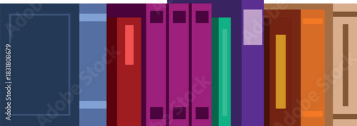 Pixel art illustration of colorful books standing in a row on a simple bookshelf