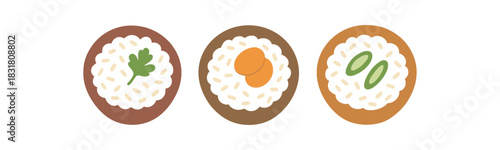 Flat vector illustration rice bowls with garnish rounded silhouettes minimal detail