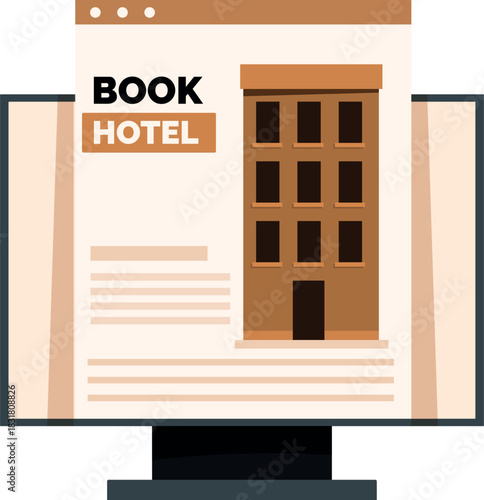 Modern computer displaying hotel booking website with building illustration