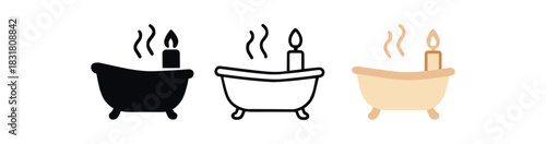 candle bath icons three bathtub silhouettes with candle and steam one flat solid monochrome one thin black outline black and white one full color flat icon ivory and beige