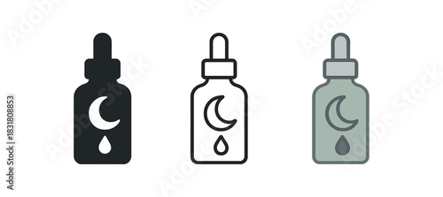 evening skincare icons three bottle silhouettes with moon and drop one flat solid monochrome one thin black outline black and white one full color flat icon soft green and gray