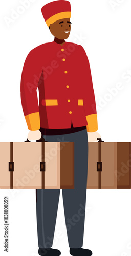 Friendly hotel porter carrying luggage with a smile, providing excellent guest service