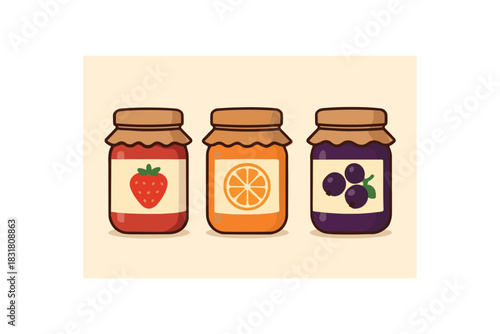 Flat vector illustration jam jars with lids rounded shapes clean outline