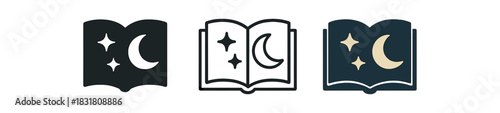 bedtime story icons three open book silhouettes with and moon one flat solid monochrome one thin black outline black and white one full color flat icon navy and beige