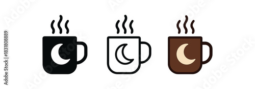 night drink icons three mug silhouettes with steam and moon symbol one flat solid monochrome one thin black outline black and white one full color flat icon brown and cream