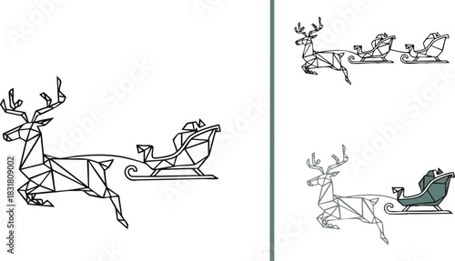 Geometric reindeer pulling santa's sleigh on black background