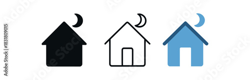 quiet house icons three house silhouettes with small moon above roof one flat solid monochrome one thin black outline black and white one full color flat icon blue and white