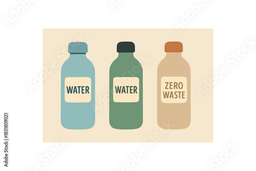 Flat vector illustration reusable water bottles with simple labels rounded forms minimal detail zero contain