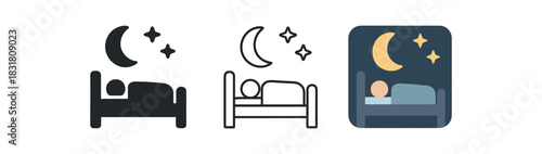 peaceful sleep icons three bed silhouettes with moon and stars one flat solid monochrome one thin black outline black and white one full color flat icon calm night palette