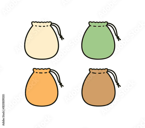 Flat vector illustration 4 fabric produce bags with drawstrings rounded shapes clean outline zero contain