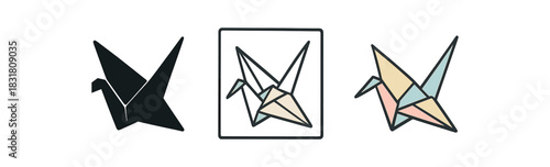 origami hobby icons three folded paper crane silhouettes on small sheet one flat solid monochrome one thin black outline black and white one full color flat icon pastel paper tones