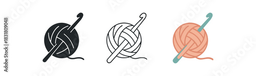 crochet hobby icons three yarn ball silhouettes with single crochet hook one flat solid monochrome one thin black outline black and white one full color flat icon soft wool colors