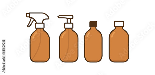 Flat vector illustration 4 refillable glass bottles for home cleaners rounded shapes clean outline zero contain