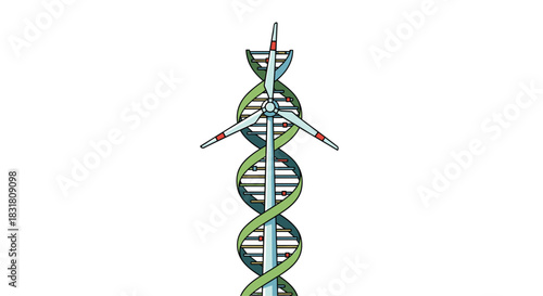 DNA structure integrated with wind turbine representing renewable energy and genetic innovation, Generative AI.