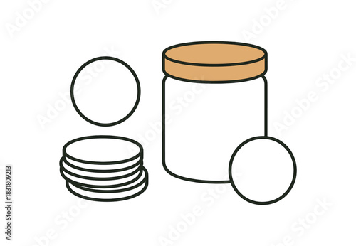 Flat vector illustration 4 reusable facial rounds and storage jar rounded forms clean outline zero contain
