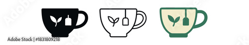 tea tasting hobby icons three teacup silhouettes with tiny leaf and label one flat solid monochrome one thin black outline black and white one full color flat icon green and cream