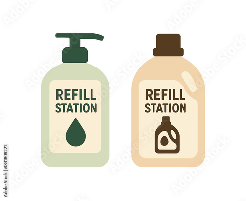 Flat vector illustration 2 refill station bottles with simple labels rounded shapes zero contain theme
