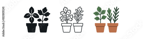 herb gardening hobby icons three small pot silhouettes with labeled herb leaves one flat solid monochrome one thin black outline black and white one full color flat icon green and terracotta