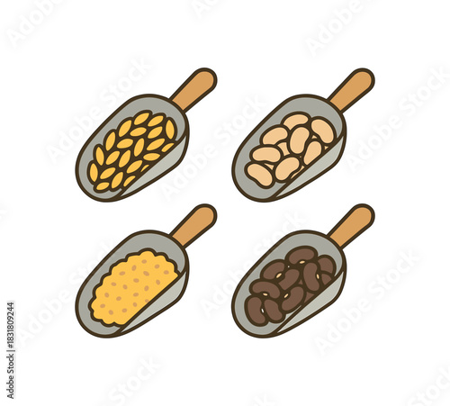 Flat vector illustration 4 bulk store scoops with grains and beans rounded forms clean outline zero contain