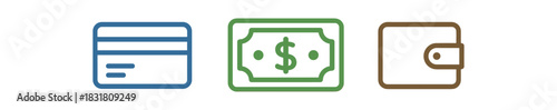 minimal icons card colored blue money colored green small wallet colored brown