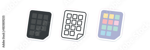 journaling sticker hobby icons three sticker sheet silhouettes with tiny icon blocks one flat solid monochrome one thin black outline black and white one full color flat icon pastel planner