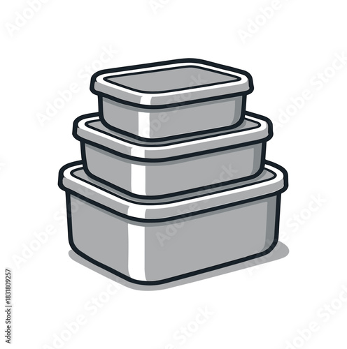 Flat vector illustration 4 stainless steel food containers stack rounded shapes clean outline zero contain