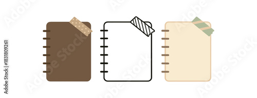 journaling with washi tape icons three notebook silhouettes with small strip shapes along edge one flat solid monochrome one thin black outline black and white one full color flat icon soft