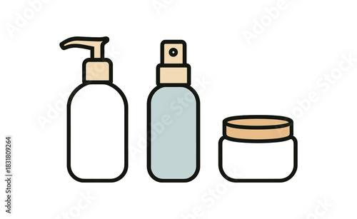 Flat vector illustration refillable cosmetic bottles and jar rounded shapes clean outline zero contain