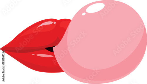 Red lips blowing pink bubblegum on white background