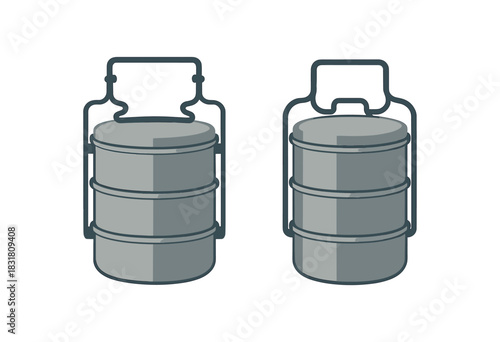 Flat vector illustration 2 metal tiffin lunch stack with handle rounded forms minimal detail zero contain