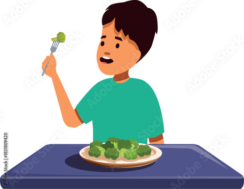 Young boy showing reluctance while eating broccoli, highlighting common childhood aversion to vegetables
