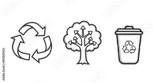 Recycling symbols with tree and trash bin on white background  