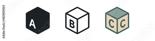alphabet blocks icons three cube silhouettes with simple letter hints one flat solid monochrome one thin black outline black and white one full color flat icon muted classroom palette